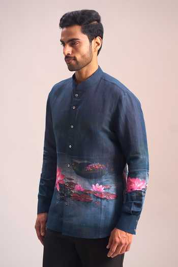 Shop_Rohit Bal_Blue Lotus Placement Print Shirt _Online_at_Aza_Fashions