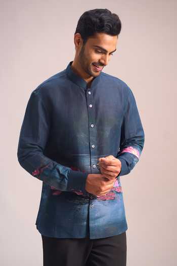 Rohit Bal_Blue Lotus Placement Print Shirt _at_Aza_Fashions