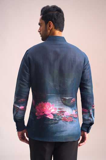Rohit Bal_Blue Lotus Placement Print Shirt _Online_at_Aza_Fashions