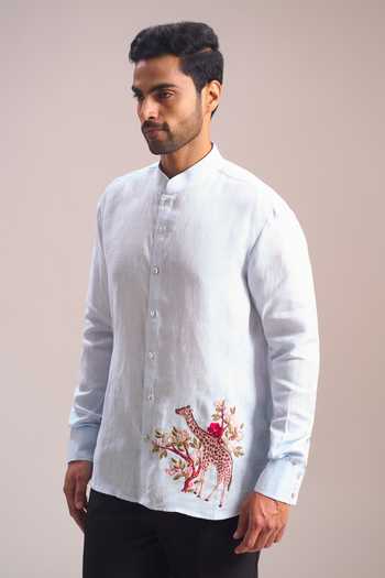 Buy_Rohit Bal_Blue Embroidery Giraffe Placement Shirt _Online_at_Aza_Fashions