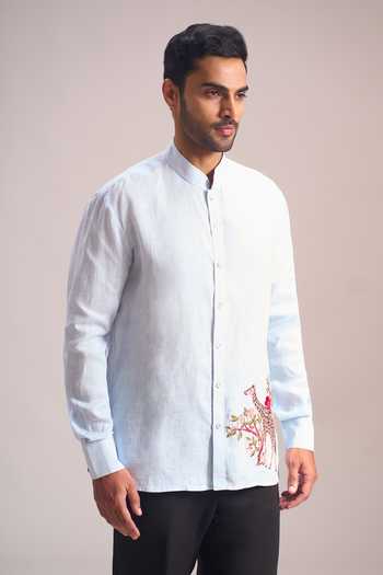 Shop_Rohit Bal_Blue Embroidery Giraffe Placement Shirt _Online_at_Aza_Fashions