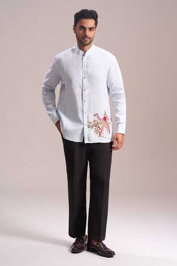 Rohit Bal_Blue Embroidery Giraffe Placement Shirt _at_Aza_Fashions