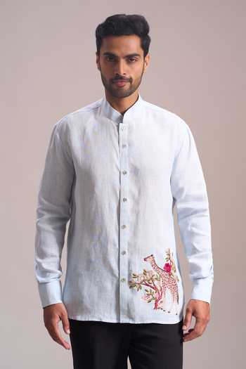 Rohit Bal_Blue Embroidery Giraffe Placement Shirt _Online