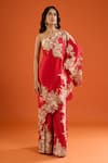 Buy_Anamika Khanna_Red Embroidery, Zari Bandeau Neck, One Shoulder Floral Cape Sharara Set _at_Aza_Fashions