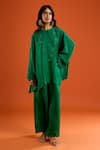 Buy_Anamika Khanna_Emerald Green Embroidery Round Neck Thread Yoke Boxy Top With Pant _at_Aza_Fashions