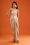 Buy_Anamika Khanna_Pink Sequins, Zari Bandeau Neck Floral Woven Corset And Draped Skirt Set _at_Aza_Fashions