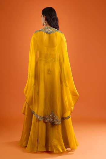 Prisho_Yellow Embroidery, Zari, Stones Scoop Neck Scallop Blouse And Skirt Set _Online_at_Aza_Fashions