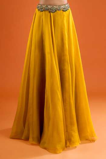 Buy_Prisho_Yellow Embroidery, Zari, Stones Scoop Neck Scallop Blouse And Skirt Set _Online_at_Aza_Fashions