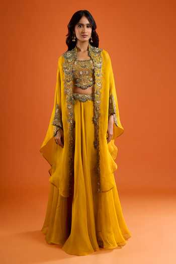 Shop_Prisho_Yellow Embroidery, Zari, Stones Scoop Neck Scallop Blouse And Skirt Set _Online_at_Aza_Fashions