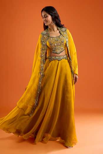 Prisho_Yellow Embroidery, Zari, Stones Scoop Neck Scallop Blouse And Skirt Set _at_Aza_Fashions