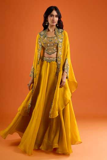 Buy_Prisho_Yellow Embroidery, Zari, Stones Scoop Neck Scallop Blouse And Skirt Set 