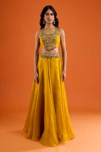 Shop_Prisho_Yellow Embroidery, Zari, Stones Scoop Neck Scallop Blouse And Skirt Set 