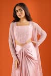Shop_COUTURE BY NIHARIKA_Pink Embroidery Open , Square Jacket Set With Bustier And Draped Skirt _Online_at_Aza_Fashions