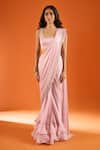 Buy_COUTURE BY NIHARIKA_Pink Zari, Tassels Bandeau Neck Embroidered Pre-draped Saree Set With Cape _Online_at_Aza_Fashions