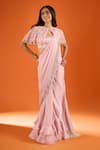 Buy_COUTURE BY NIHARIKA_Pink Zari, Tassels Bandeau Neck Embroidered Pre-draped Saree Set With Cape _at_Aza_Fashions