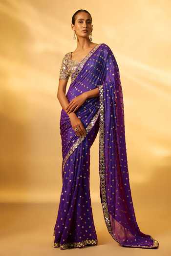 Buy_Vana Ethnics_Purple Chinon Sequins, Mirrors Square Neck Embellished Saree Set _at_Aza_Fashions