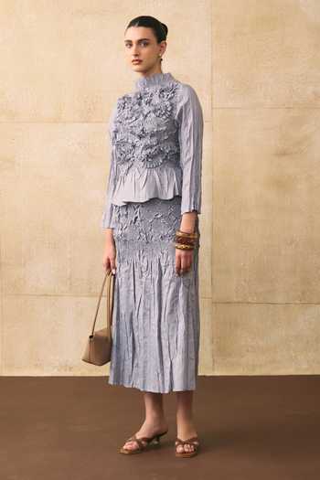 Shop_Pleats By Aruni_Grey Crepe, Crinkle Ruffles High Neck Jerome Top 