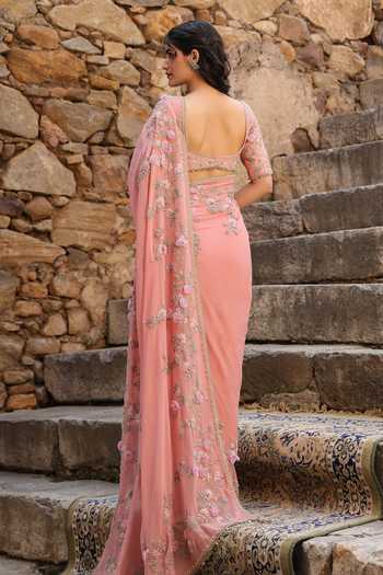 Shop_Label Niti Bothra_Pink Georgette Pearls, Zari, Fabric Flowers 3d Embroidered Saree And Blouse Set _at_Aza_Fashions