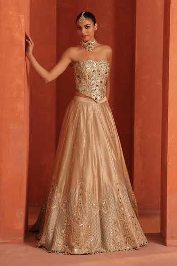 Buy_Label Astha Chhabra_Gold Silk, Organza Sequins, Beads, Stones, Embroidered Blouse And Lehenga Set _Online_at_Aza_Fashions