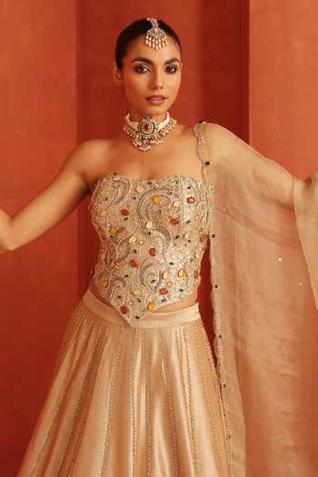 Shop_Label Astha Chhabra_Gold Silk, Organza Sequins, Beads, Stones, Embroidered Blouse And Lehenga Set _Online_at_Aza_Fashions