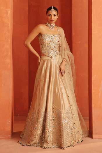 Buy_Label Astha Chhabra_Gold Silk, Organza Sequins, Beads, Stones, Embroidered Blouse And Lehenga Set _at_Aza_Fashions