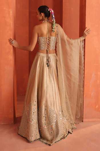 Shop_Label Astha Chhabra_Gold Silk, Organza Sequins, Beads, Stones, Embroidered Blouse And Lehenga Set _at_Aza_Fashions