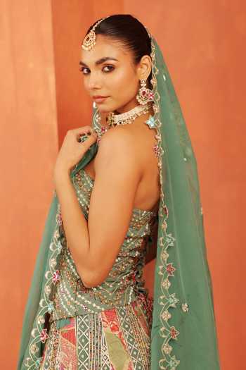 Label Astha Chhabra_Multi Color Organza Embroidery, Sequins, Beads, Contrat Patch Work Lehenga Set _Online_at_Aza_Fashions