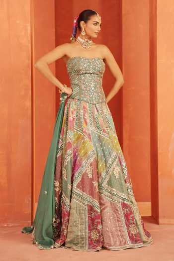 Buy_Label Astha Chhabra_Multi Color Organza Embroidery, Sequins, Beads, Contrat Patch Work Lehenga Set _at_Aza_Fashions