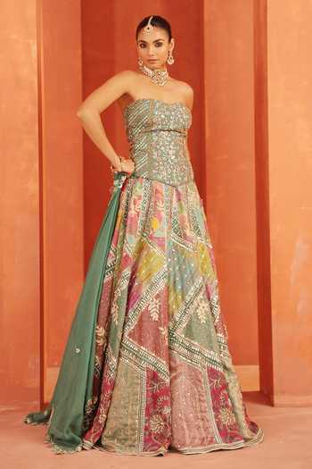 Shop_Label Astha Chhabra_Multi Color Organza Embroidery, Sequins, Beads, Contrat Patch Work Lehenga Set _Online_at_Aza_Fashions