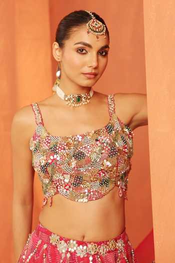 Label Astha Chhabra_Pink Organza Sequins, Mirrors Square Neck Geometric Embroidered Lehenga Set _Online_at_Aza_Fashions