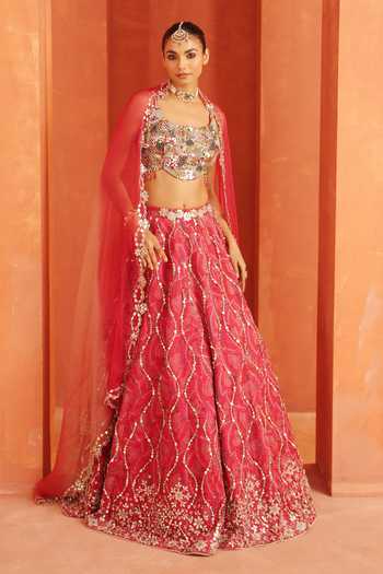 Buy_Label Astha Chhabra_Pink Organza Sequins, Mirrors Square Neck Geometric Embroidered Lehenga Set _at_Aza_Fashions