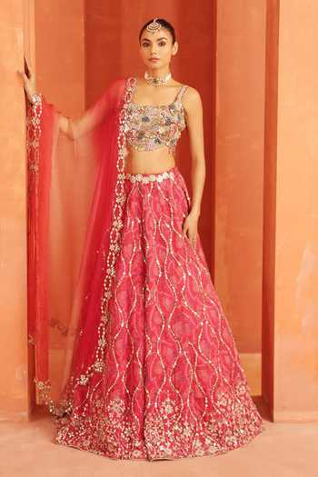 Shop_Label Astha Chhabra_Pink Organza Sequins, Mirrors Square Neck Geometric Embroidered Lehenga Set _Online_at_Aza_Fashions