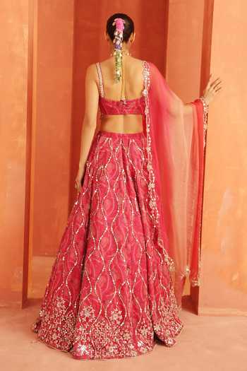Shop_Label Astha Chhabra_Pink Organza Sequins, Mirrors Square Neck Geometric Embroidered Lehenga Set _at_Aza_Fashions