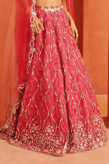 Label Astha Chhabra_Pink Organza Sequins, Mirrors Square Neck Geometric Embroidered Lehenga Set _at_Aza_Fashions
