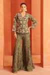Buy_Label Astha Chhabra_Green Organza Embroidery, Sequins, Beads, Zari, Stones, Jacket And Sharara Set _at_Aza_Fashions