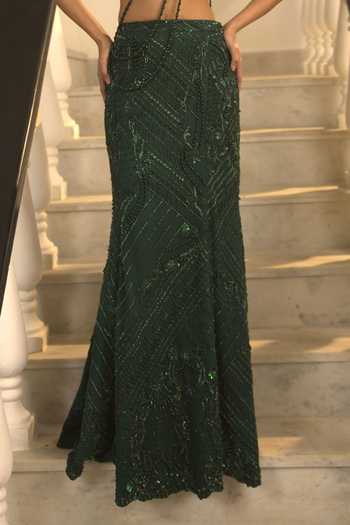 Buy_Label Astha Chhabra_Green Net Embroidery, Sequins, Beads Halter Tonal Smbellished Blouse And Skirt Set _Online_at_Aza_Fashions