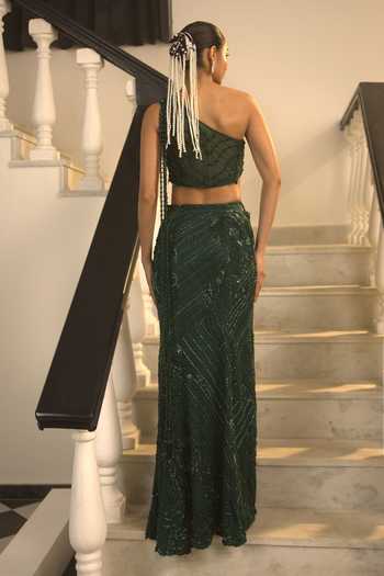 Shop_Label Astha Chhabra_Green Net Embroidery, Sequins, Beads Halter Tonal Smbellished Blouse And Skirt Set _at_Aza_Fashions