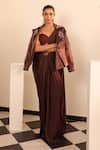 Label Astha Chhabra_Brown Organza, Satin Embroidery Open Neck, Sequin Jacket And Pre-draped Saree Set _Online_at_Aza_Fashions