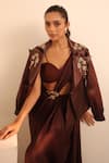 Buy_Label Astha Chhabra_Brown Organza, Satin Embroidery Open Neck, Sequin Jacket And Pre-draped Saree Set _Online_at_Aza_Fashions