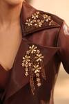Label Astha Chhabra_Brown Organza, Satin Embroidery Open Neck, Sequin Jacket And Pre-draped Saree Set _at_Aza_Fashions