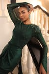 Label Astha Chhabra_Green Satin, Net, Lycra Sequins Round Placed Embellished Bodysuit And Skirt Set _at_Aza_Fashions