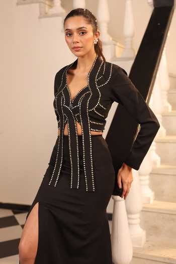 Shop_Label Astha Chhabra_Black Crepe Stones Plunge Neck Embellished Cutwork Jacket And Skirt Set _Online_at_Aza_Fashions