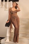 Buy_Label Astha Chhabra_Brown Net, Lycra Embroidery, Sequins, Stones Tonal Embellished Saree Gown _Online_at_Aza_Fashions
