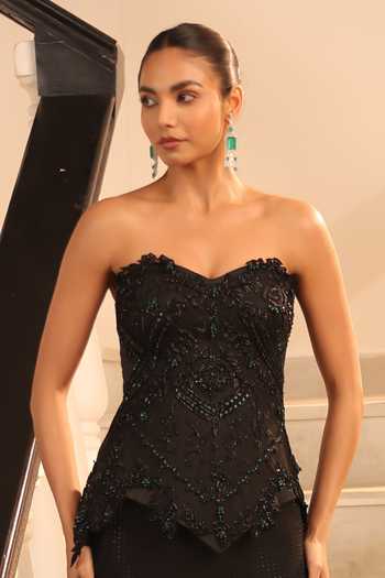Shop_Label Astha Chhabra_Black Organza, Lycra Embroidery, Sequins, Tonal Embellished Corset And Skirt Set 
