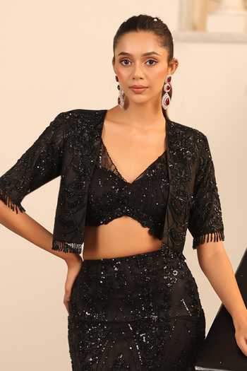 Shop_Label Astha Chhabra_Black Silk, Net Sequins V-, Open Tonal Embellished Jacket Skirt Set _Online_at_Aza_Fashions