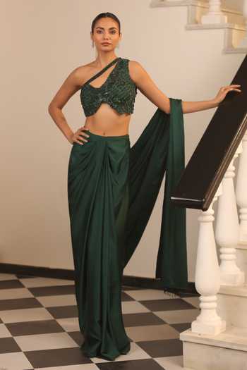 Buy_Label Astha Chhabra_Green Satin, Net Sequins, Beads Halter Pre-draped Saree And Embellished Blouse Set _at_Aza_Fashions
