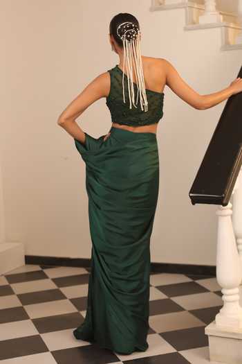 Shop_Label Astha Chhabra_Green Satin, Net Sequins, Beads Halter Pre-draped Saree And Embellished Blouse Set _at_Aza_Fashions