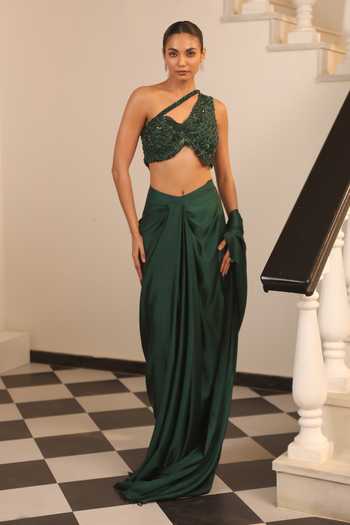 Label Astha Chhabra_Green Satin, Net Sequins, Beads Halter Pre-draped Saree And Embellished Blouse Set _Online_at_Aza_Fashions
