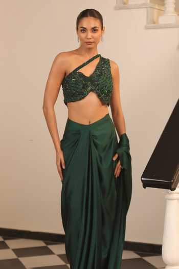 Buy_Label Astha Chhabra_Green Satin, Net Sequins, Beads Halter Pre-draped Saree And Embellished Blouse Set _Online_at_Aza_Fashions
