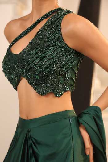 Label Astha Chhabra_Green Satin, Net Sequins, Beads Halter Pre-draped Saree And Embellished Blouse Set _at_Aza_Fashions
